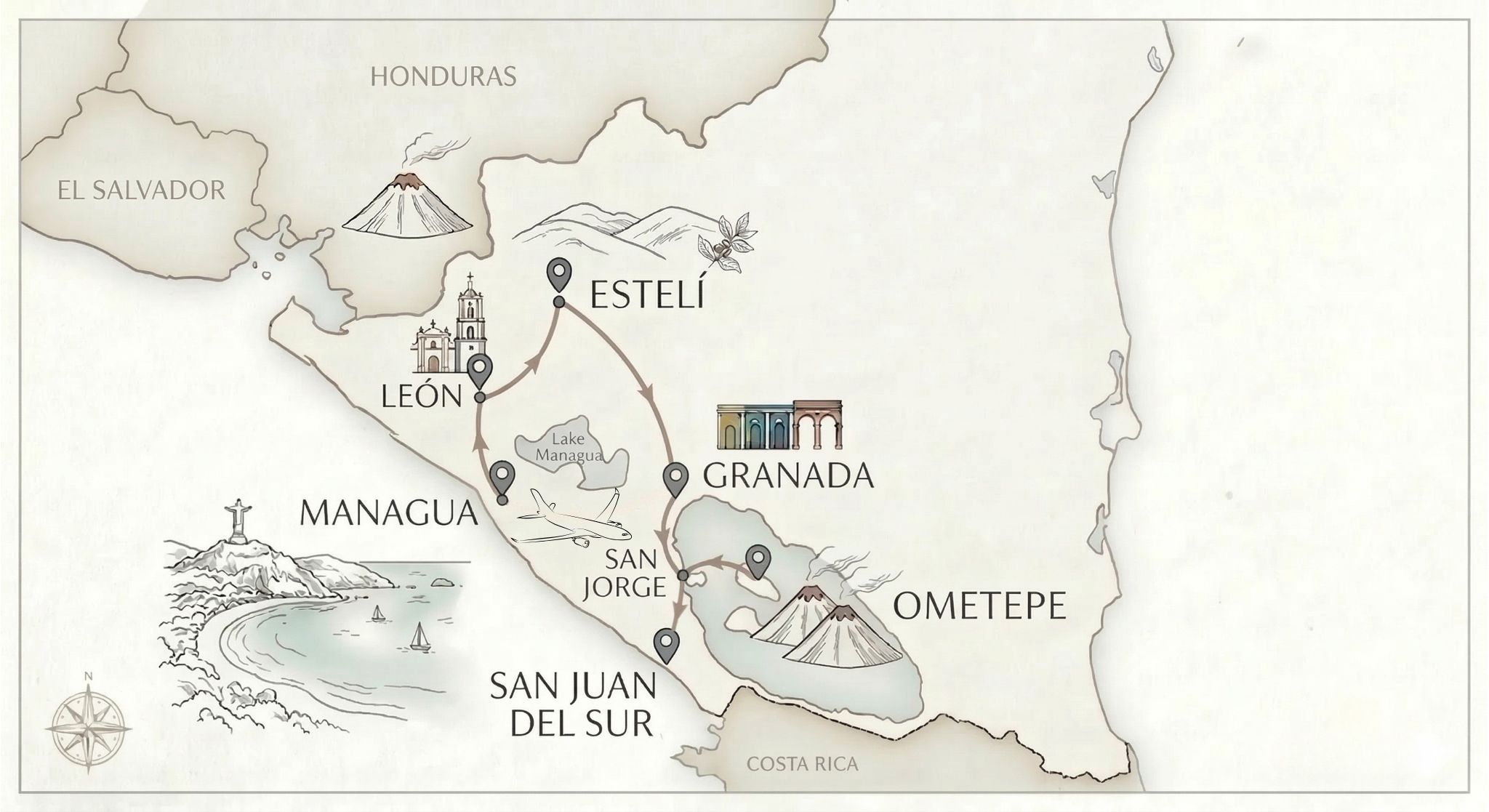 Tour route map showing the journey through Nicaragua